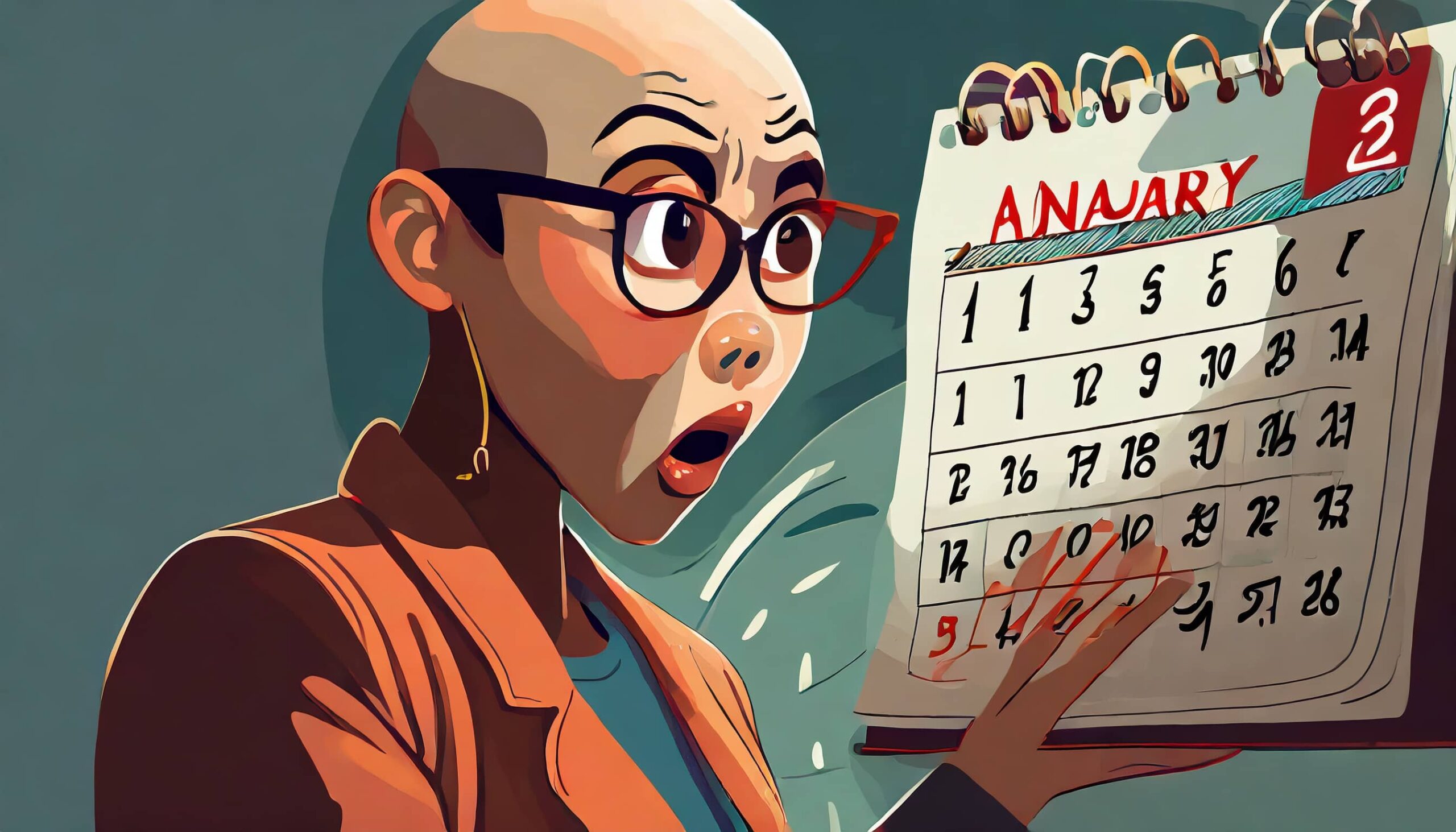 A-bald-woman-who-is-perplexed-looking-at-a-calendar-of-january