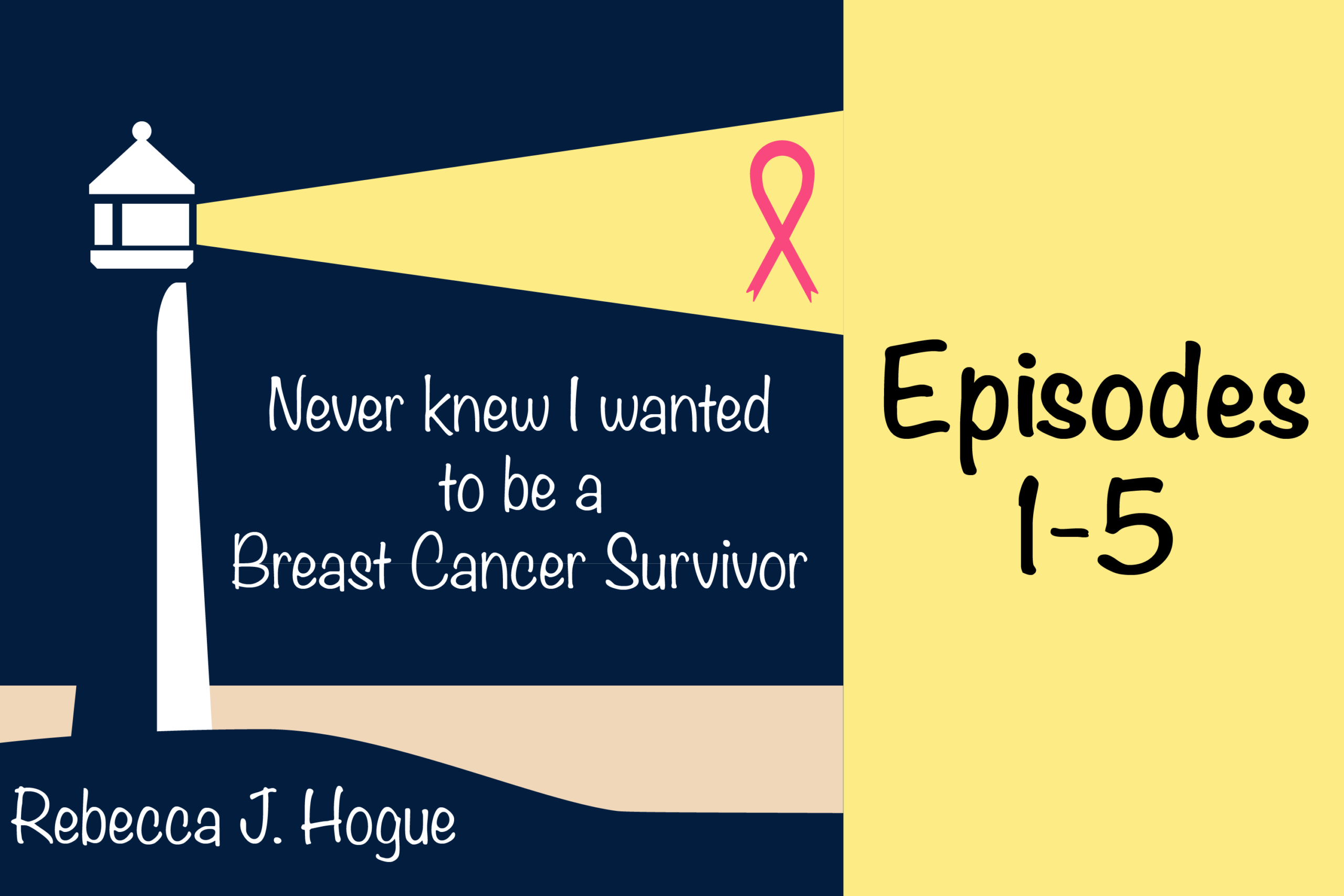 A dark blue graphic featuring a lighthouse shining a wide yellow beam of light. Inside the beam is a pink breast‑cancer‑awareness ribbon. Text reads: “Never knew I wanted to be a Breast Cancer Survivor – Rebecca J. Hogue – Episodes 1–5."